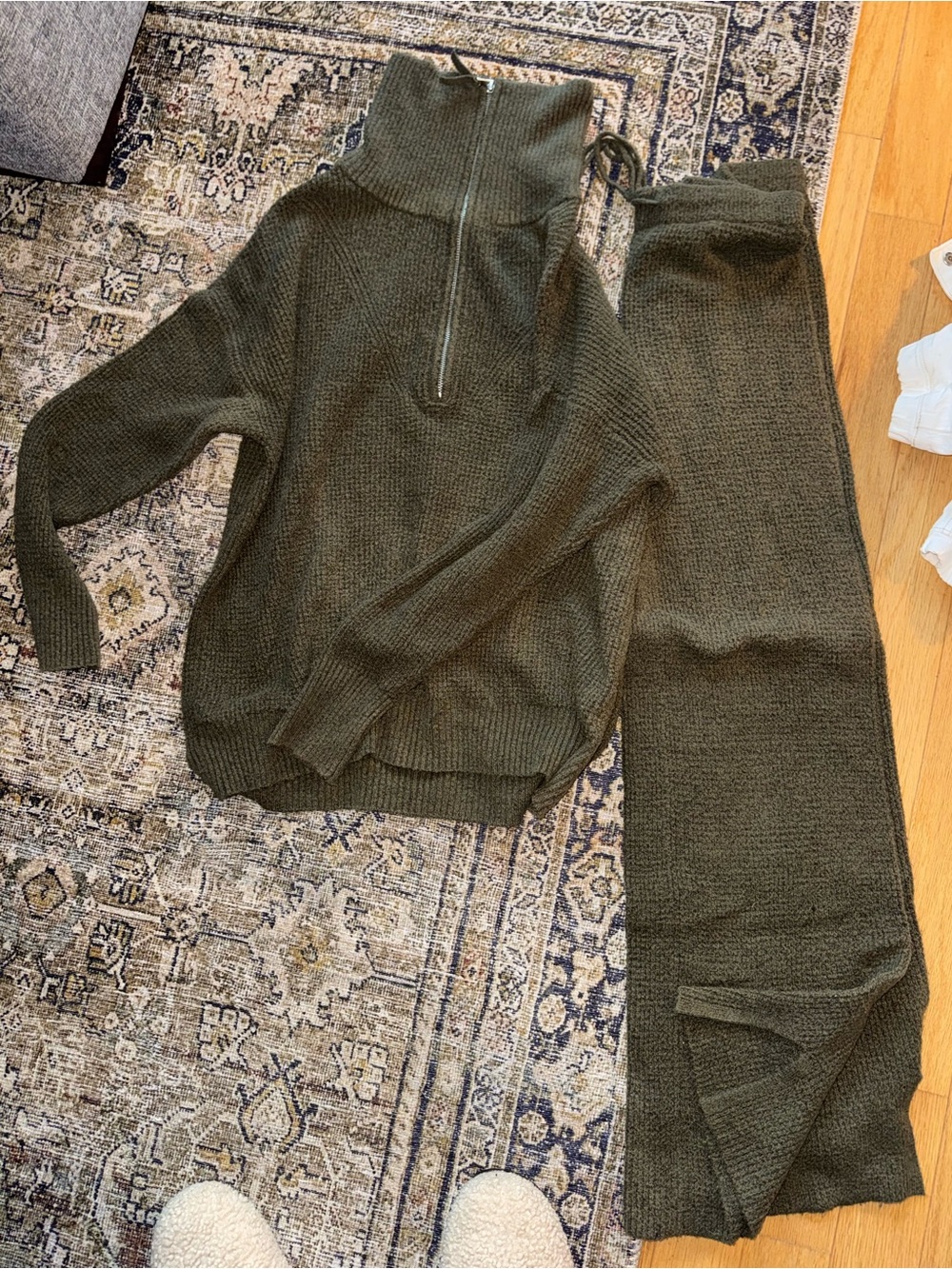 Women’s Olive Half-Zip Knit Sweater and Pants Set - High Funnel Collar